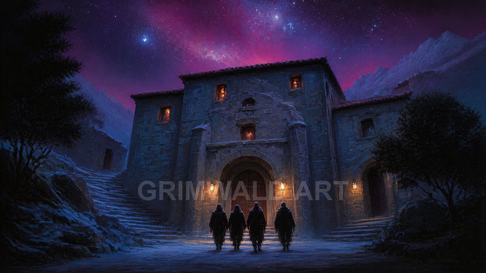 Night scene of a stone monastery with glowing lanterns under a purple starry sky, four cloaked figures approach the arched wooden doors.