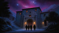 GRID THUMBNAIL — Night scene of a stone monastery with glowing lanterns under a purple starry sky, four cloaked figures approach the arched wooden doors.