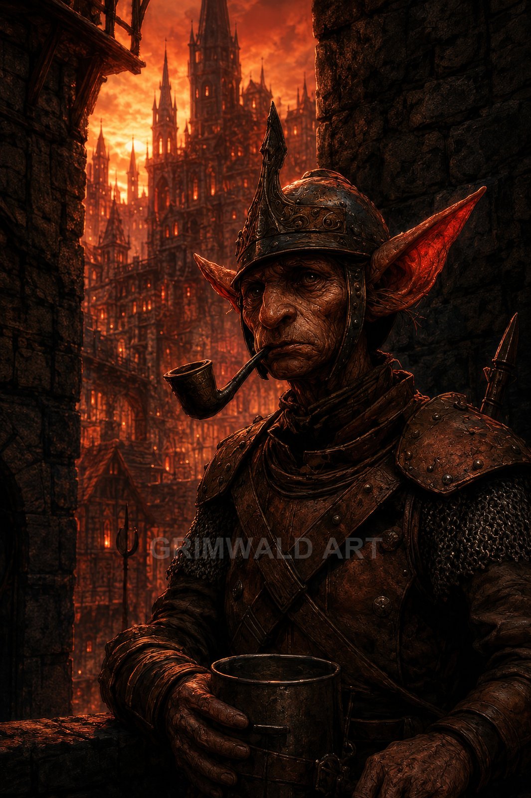 Armoured goblin sentry with pipe and tankard stands in a shadowed stone archway before a fiery, gothic city of spires at dusk.