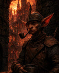 GRID THUMBNAIL — Armoured goblin sentry with pipe and tankard stands in a shadowed stone archway before a fiery, gothic city of spires at dusk.
