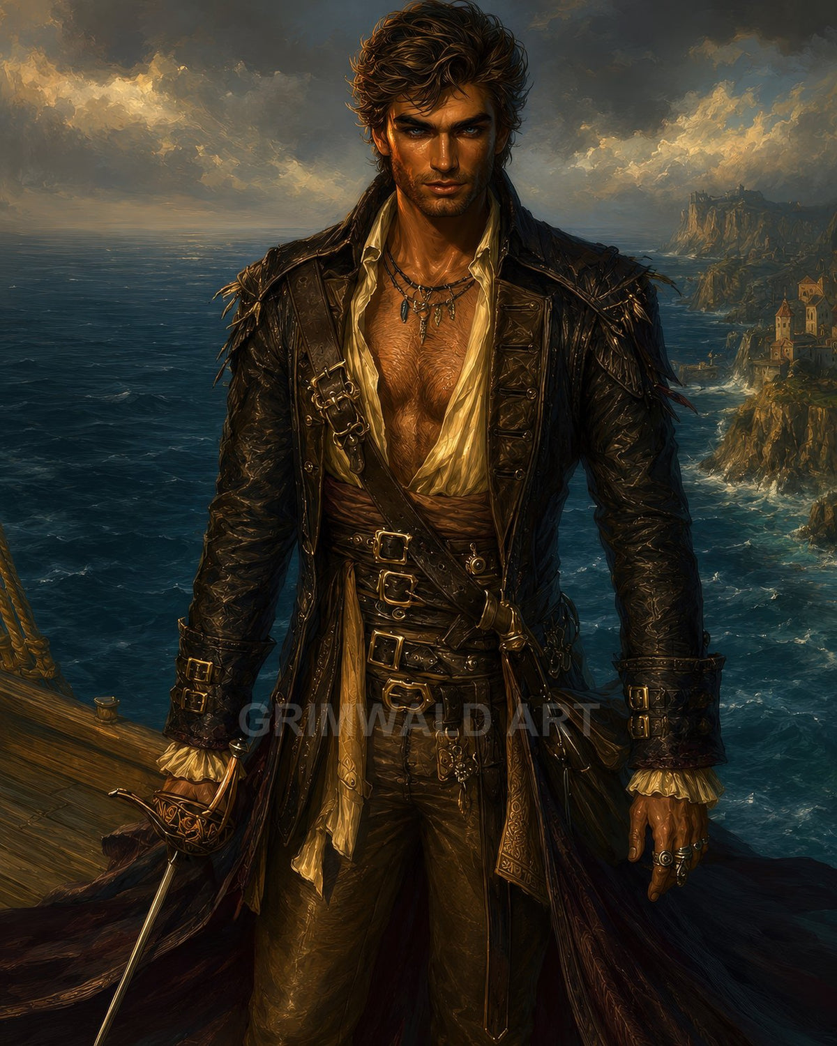 A male pirate captain in a leather coat holds a rapier on a ship deck, with rugged coastline and cliffside town beneath golden storm clouds.