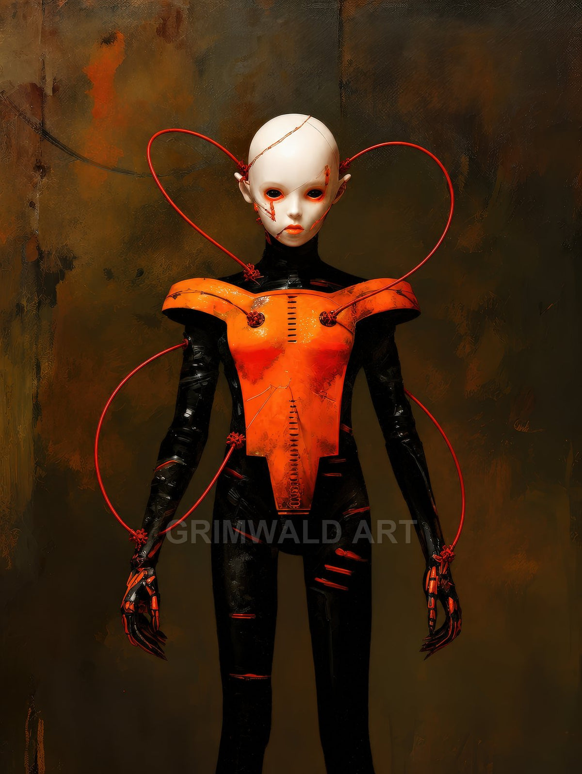 Androgynous android with a porcelain face, orange chest armour and looping red cables stands against a dark textured backdrop, hands tipped with mechanical claws.