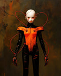 GRID THUMBNAIL — Androgynous android with a porcelain face, orange chest armour and looping red cables stands against a dark textured backdrop, hands tipped with mechanical claws.