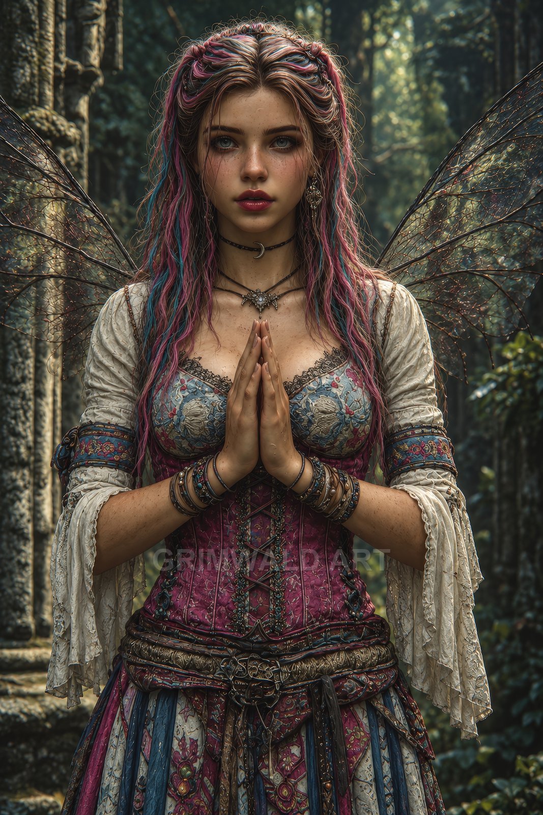 Pink-haired fairy woman with gossamer wings stands praying in a sunlit forest beside weathered stone ruins, wearing embroidered corset and layered jewellery.