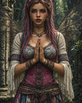 GRID THUMBNAIL — Pink-haired fairy woman with gossamer wings stands praying in a sunlit forest beside weathered stone ruins, wearing embroidered corset and layered jewellery.