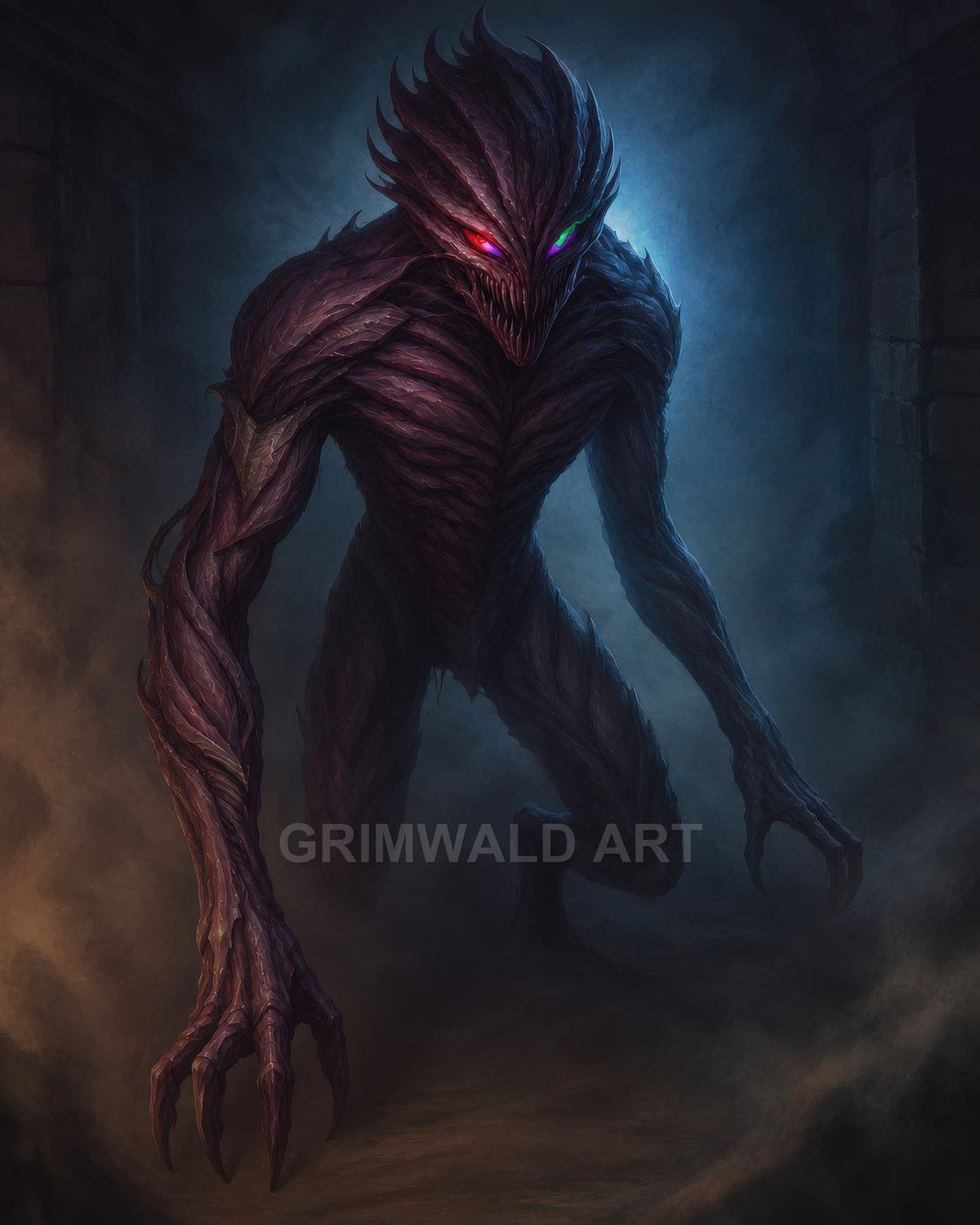 Menacing demon with bi-coloured glowing eyes and long claws emerges through smoke in a stone dungeon, lit by blue backlight and warm torchlight.