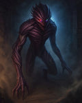 GRID THUMBNAIL — Menacing demon with bi-coloured glowing eyes and long claws emerges through smoke in a stone dungeon, lit by blue backlight and warm torchlight.