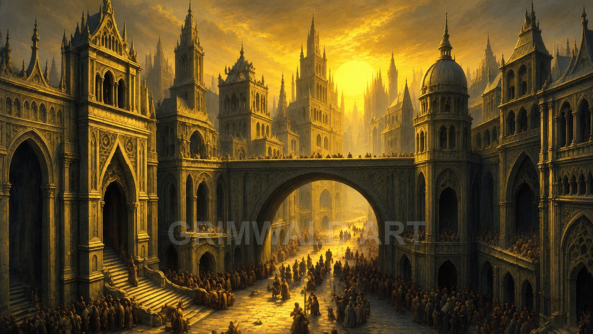 A gothic fantasy city bathed in golden-hour light, with towering spires, domes, and an arched bridge above crowded sunlit streets filled with figures.