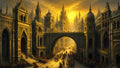 GRID THUMBNAIL — A gothic fantasy city bathed in golden-hour light, with towering spires, domes, and an arched bridge above crowded sunlit streets filled with figures.