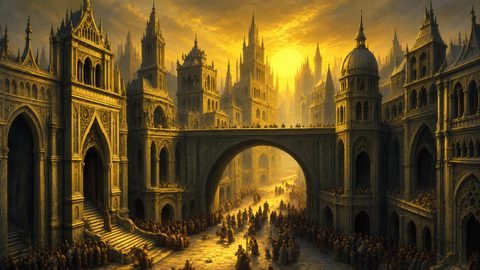 GRID THUMBNAIL — A gothic fantasy city bathed in golden-hour light, with towering spires, domes, and an arched bridge above crowded sunlit streets filled with figures.