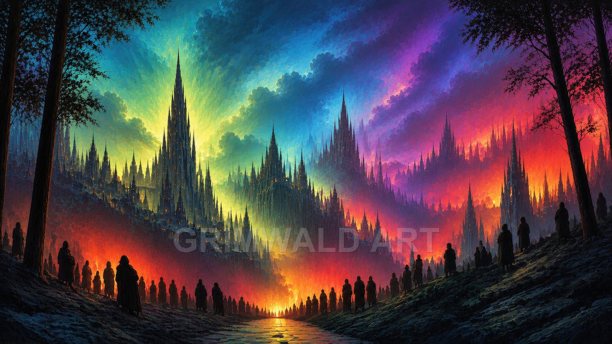 A vast fantasy city of towering spires glows beneath a multicoloured sky as rows of cloaked silhouettes line a reflective valley path.