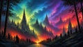 GRID THUMBNAIL — A vast fantasy city of towering spires glows beneath a multicoloured sky as rows of cloaked silhouettes line a reflective valley path.