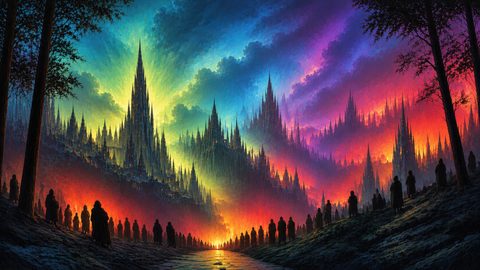 GRID THUMBNAIL — A vast fantasy city of towering spires glows beneath a multicoloured sky as rows of cloaked silhouettes line a reflective valley path.