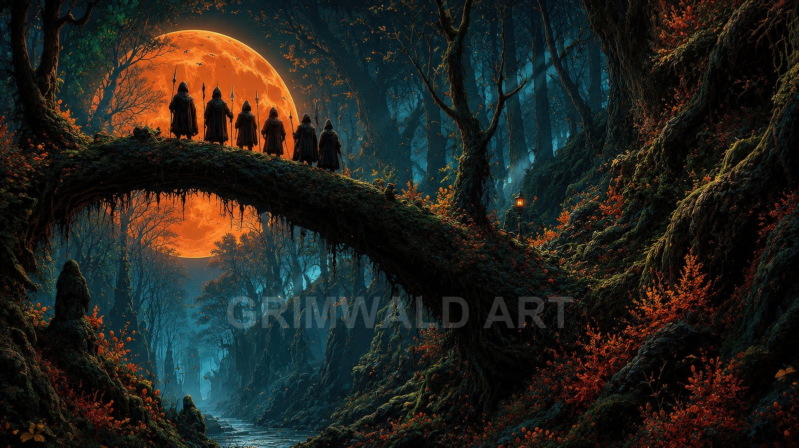 Cloaked figures cross a vine-covered arch in a dark forest beneath a huge red moon, with a lantern and river below.