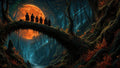 GRID THUMBNAIL — Cloaked figures cross a vine-covered arch in a dark forest beneath a huge red moon, with a lantern and river below.