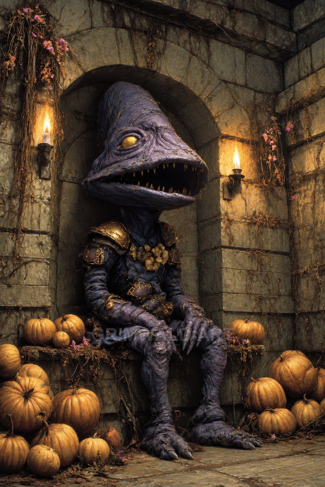 Armoured purple demon with a conical head sits in a stone alcove, firelit by wall torches, surrounded by pumpkins and trailing vines.