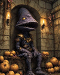 GRID THUMBNAIL — Armoured purple demon with a conical head sits in a stone alcove, firelit by wall torches, surrounded by pumpkins and trailing vines.