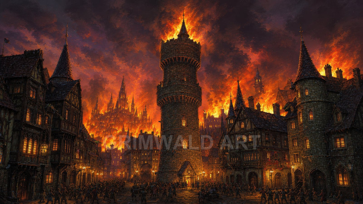 Pyre-Crowned Tower – Retro Fantasy Landscape Art