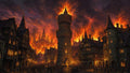 GRID THUMBNAIL — Medieval stone watchtower dominates a firelit city, with gothic spires blazing in the background, dark smoke overhead, crowds filling narrow cobbled streets.