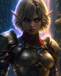 GRID THUMBNAIL — Close-up portrait of an armoured elf with short blonde hair and glowing mismatched eyes, bathed in golden backlight amid overgrown stone ruins and foliage.