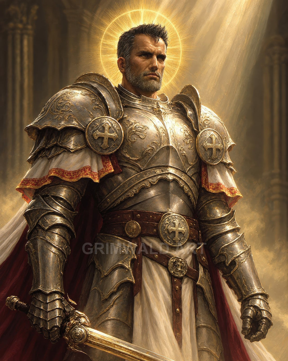 Armoured paladin stands in a cathedral, golden halo and sunbeams illuminating ornate plate, red-and-white cloak, and raised sword, exuding solemn heroism.