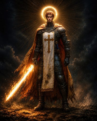 GRID THUMBNAIL — Armoured paladin stands with flaming sword and glowing halo, cross-emblazoned tabard and tattered cloak, illuminated against a dark, stormy background.