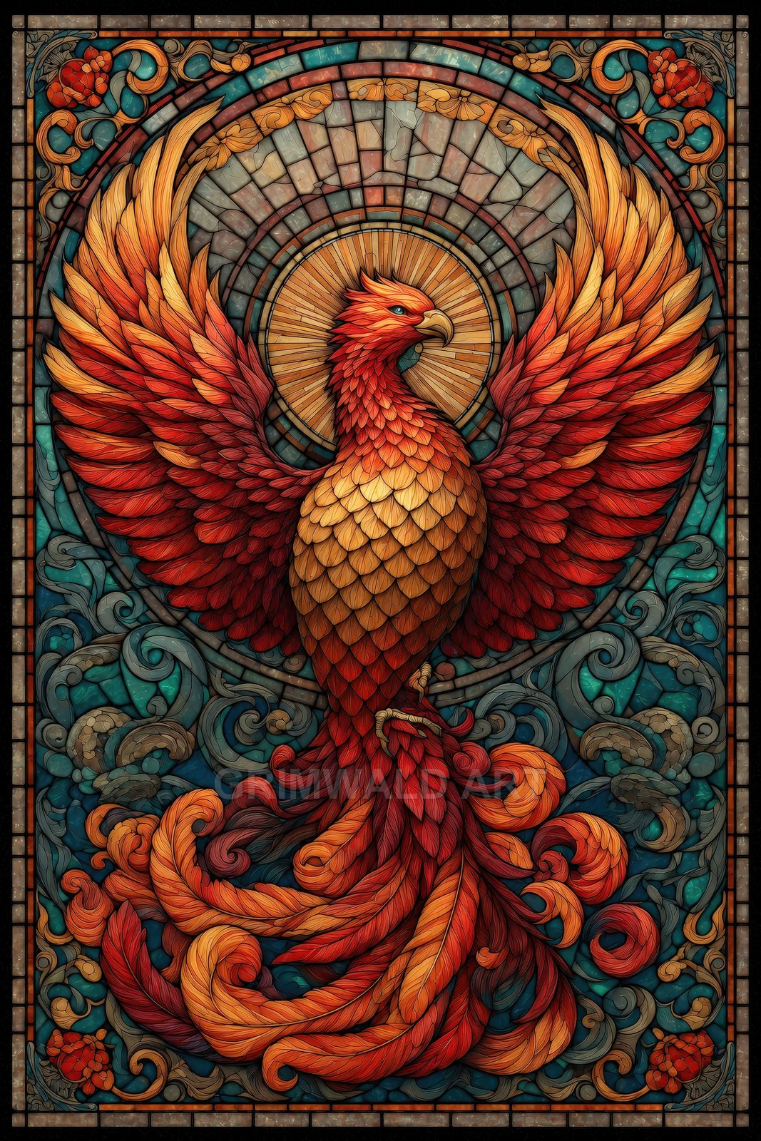 Ornate stained-glass panel of a radiant phoenix with outstretched wings, fiery red and gold feathers, teal swirls, and a sunlike halo.