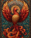 GRID THUMBNAIL — Ornate stained-glass panel of a radiant phoenix with outstretched wings, fiery red and gold feathers, teal swirls, and a sunlike halo.