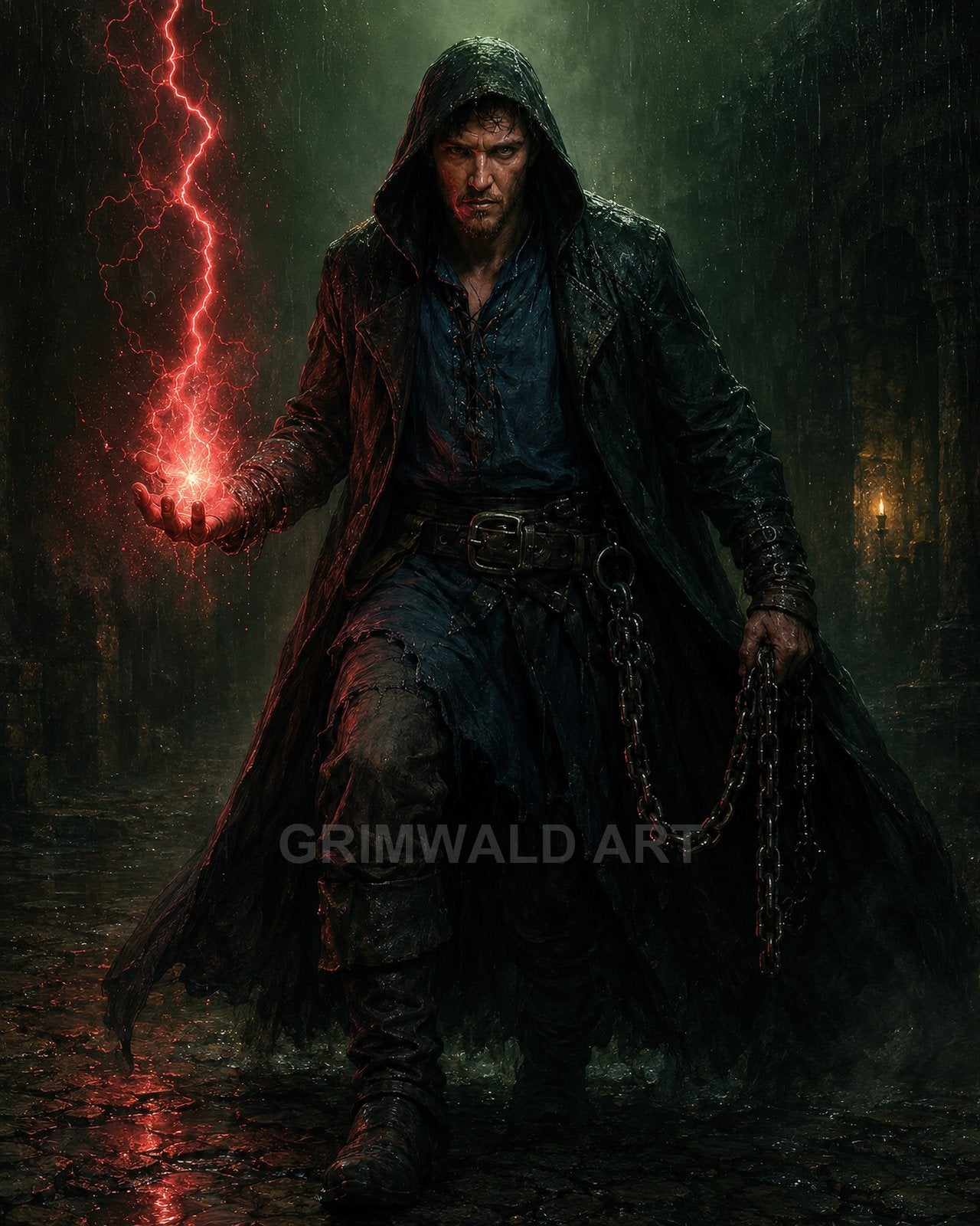 A hooded male warlock walks a rain-soaked cobblestone street, conjuring red lightning in his hand, chains dangling, night shadows and torchlight behind.