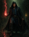 GRID THUMBNAIL — A hooded male warlock walks a rain-soaked cobblestone street, conjuring red lightning in his hand, chains dangling, night shadows and torchlight behind.