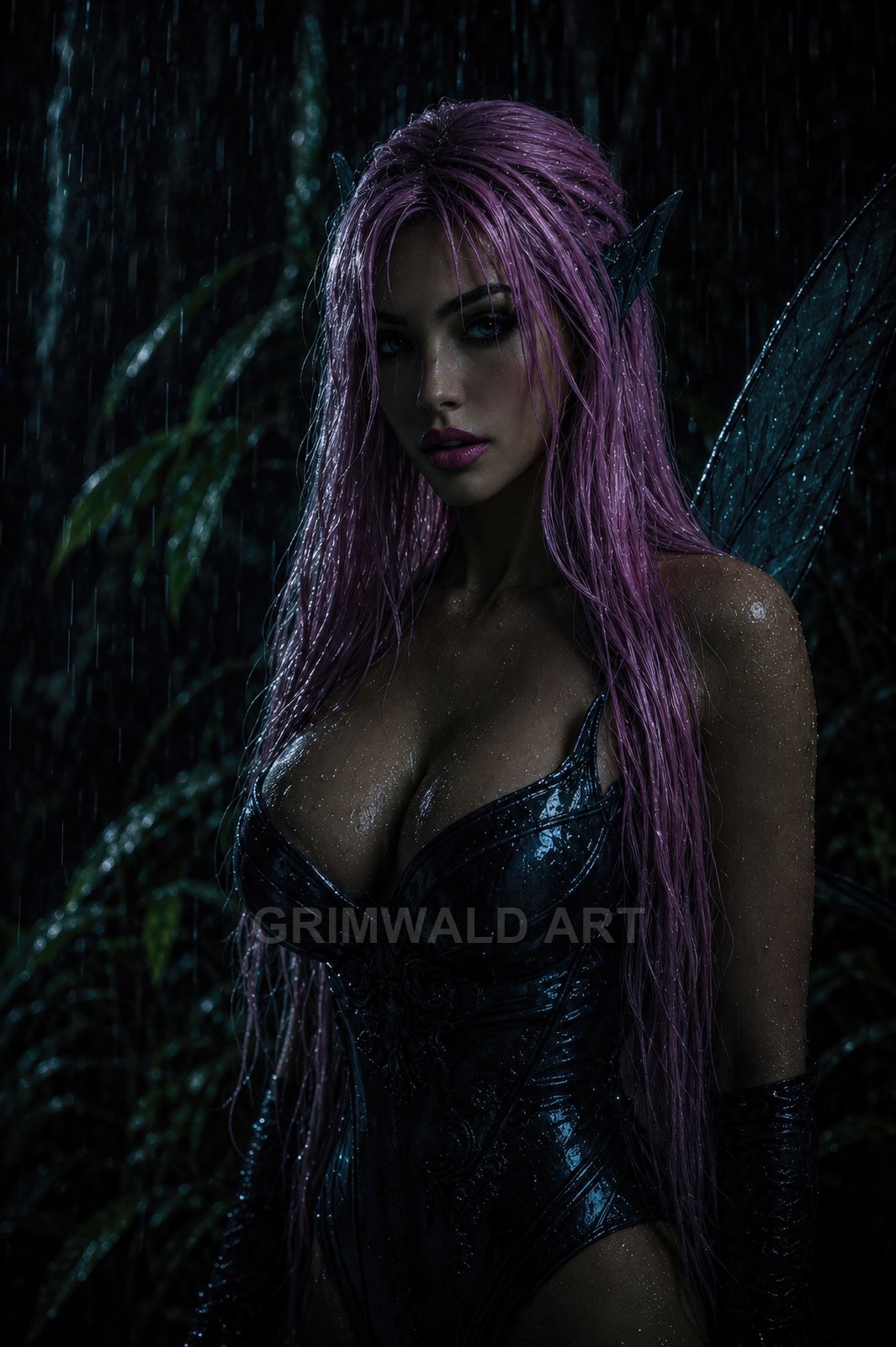 Dark fantasy portrait of a pink-haired fairy with wet wings and armour-like bodice, standing in a rainy night forest.