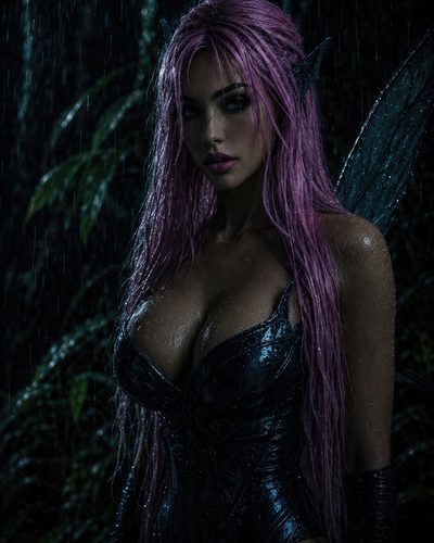 GRID THUMBNAIL — Dark fantasy portrait of a pink-haired fairy with wet wings and armour-like bodice, standing in a rainy night forest.