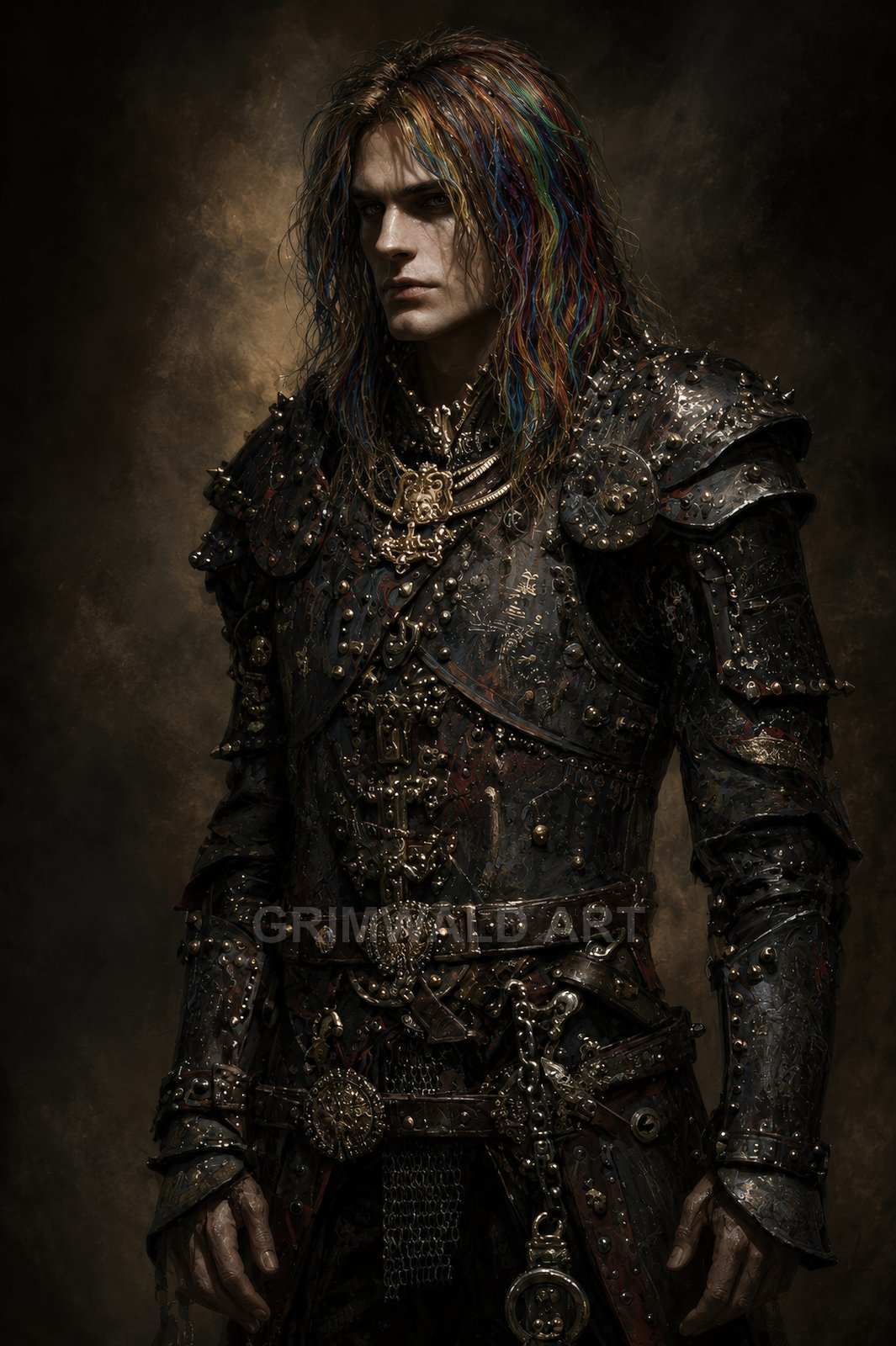 Moody portrait of a male knight in heavily ornamented black armour with chains, rainbow-streaked hair, lit by warm firelight against a dark backdrop.