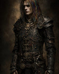 GRID THUMBNAIL — Moody portrait of a male knight in heavily ornamented black armour with chains, rainbow-streaked hair, lit by warm firelight against a dark backdrop.