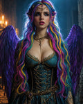 GRID THUMBNAIL — A rainbow-haired winged fairy with pointed ears and ornate jewellery stands in a dim cathedral, teal gown and purple feathers glowing in candlelight.