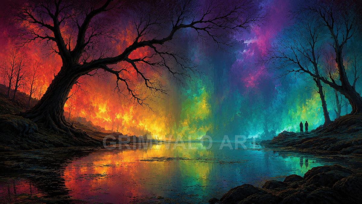 A rainbow aurora glows above a tranquil lake between bare trees, casting vivid reflections as two small figures stand on the rocky shore.