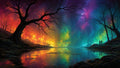 GRID THUMBNAIL — A rainbow aurora glows above a tranquil lake between bare trees, casting vivid reflections as two small figures stand on the rocky shore.