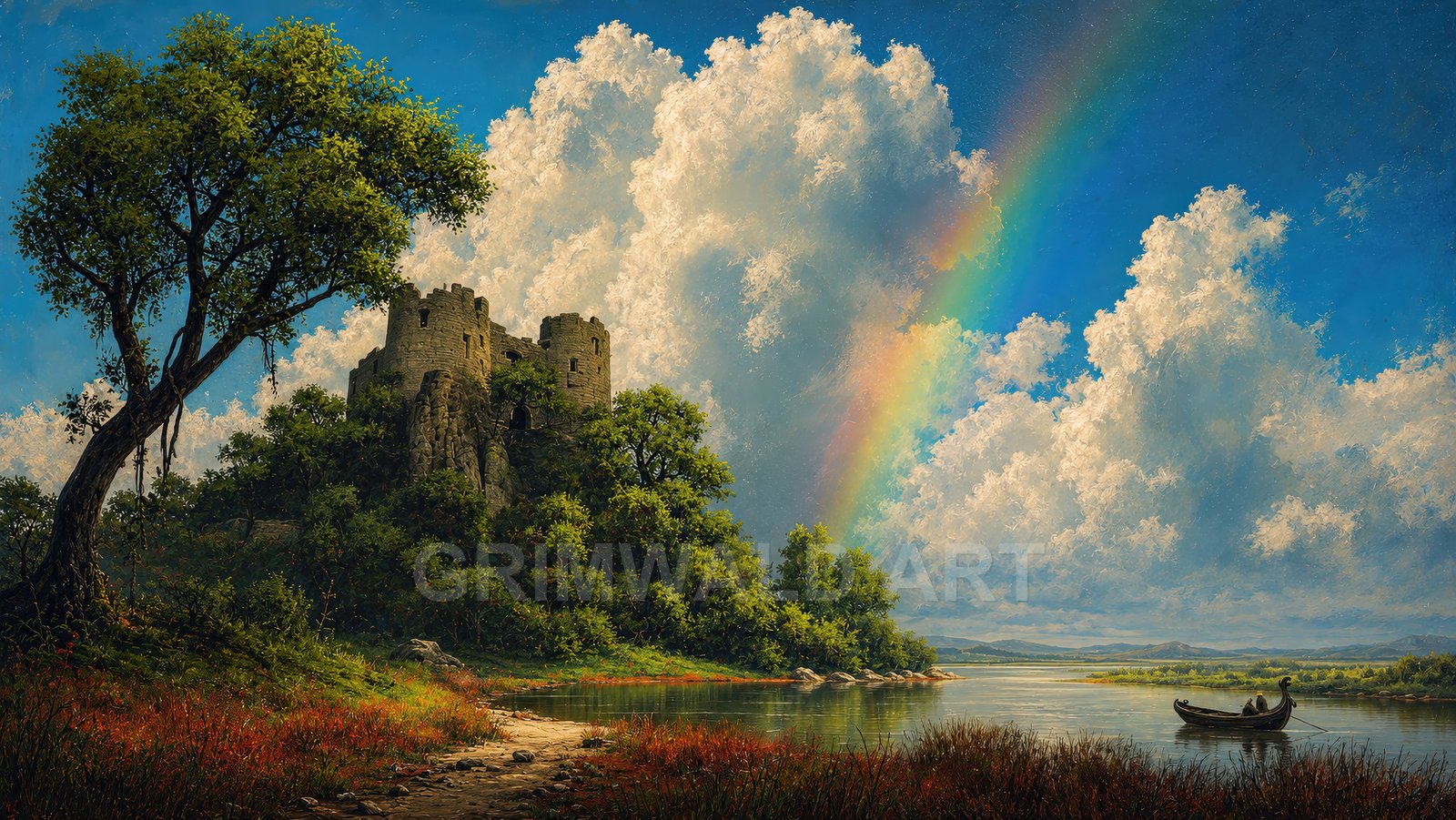 Stone castle on a wooded hill beside a calm river, under towering clouds and a vivid rainbow, with a small boat drifting.