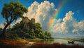 GRID THUMBNAIL — Stone castle on a wooded hill beside a calm river, under towering clouds and a vivid rainbow, with a small boat drifting.