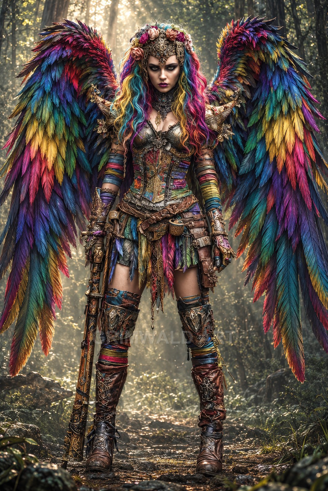 Armoured female celestial with vast rainbow feathered wings stands in a sunlit forest, holding an ornate staff, crowned with flowers and gold.