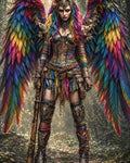 GRID THUMBNAIL — Armoured female celestial with vast rainbow feathered wings stands in a sunlit forest, holding an ornate staff, crowned with flowers and gold.