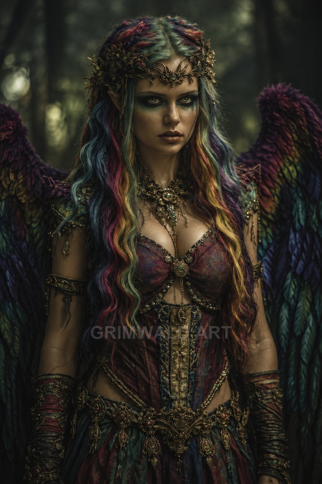 Regal winged fairy with rainbow hair and multicoloured feathers stands in a dim forest, wearing ornate jewellery, corset armour and crown.