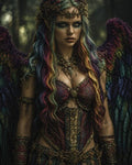 GRID THUMBNAIL — Regal winged fairy with rainbow hair and multicoloured feathers stands in a dim forest, wearing ornate jewellery, corset armour and crown.
