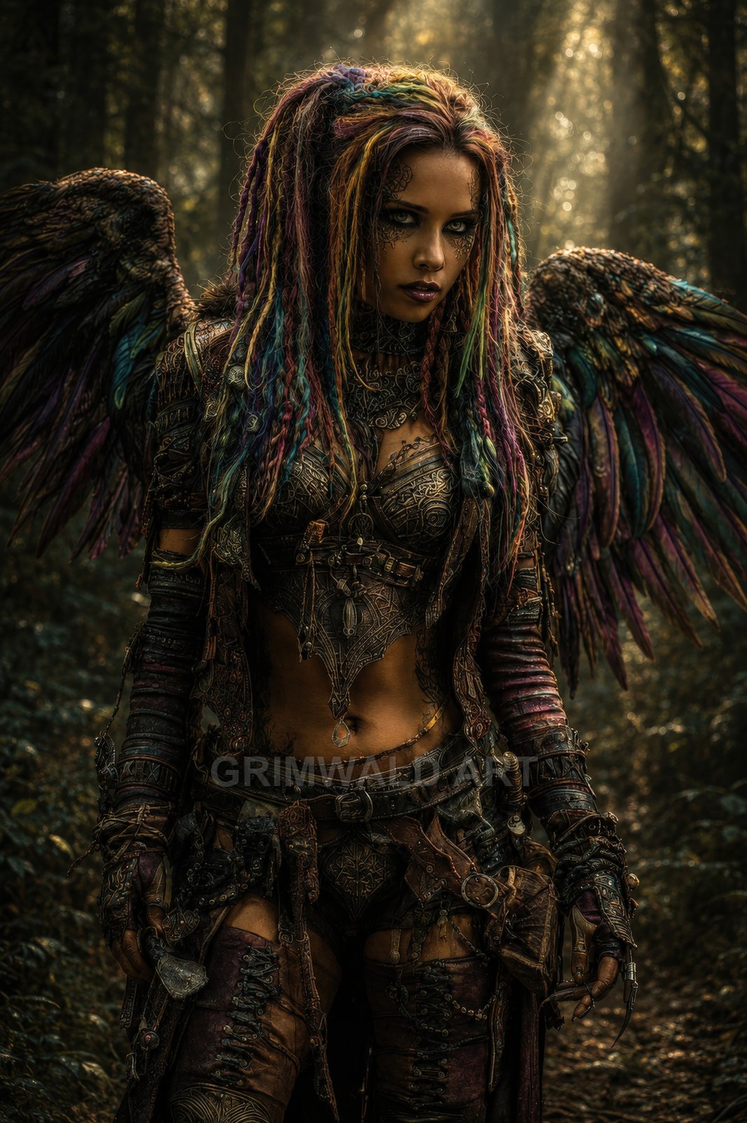 Armoured, winged woman with multicoloured dreadlocks stands in a sun-dappled forest, wearing ornate leather armour and carrying a dagger at her side.
