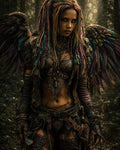 GRID THUMBNAIL — Armoured, winged woman with multicoloured dreadlocks stands in a sun-dappled forest, wearing ornate leather armour and carrying a dagger at her side.