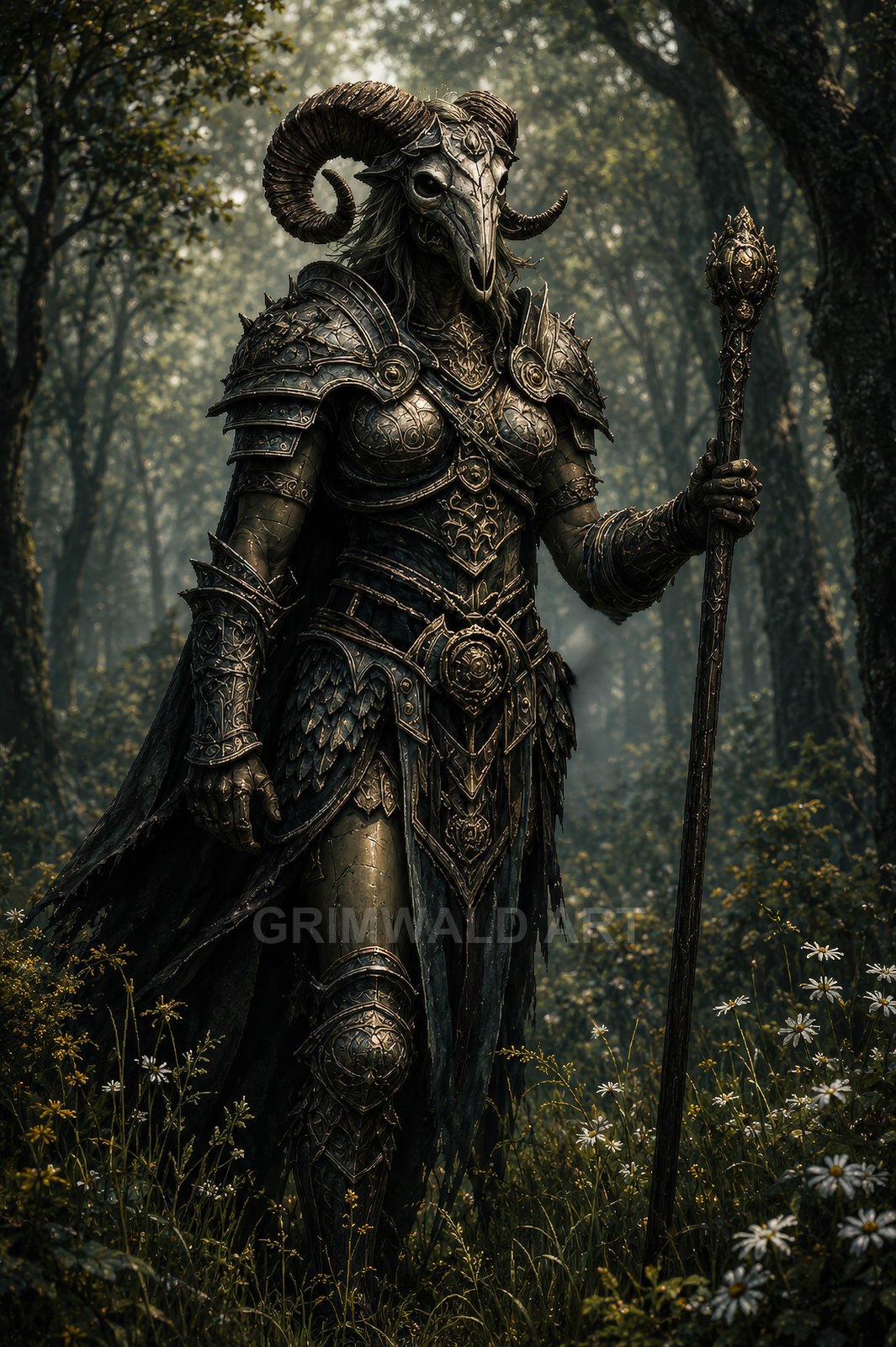 Armoured warlock wearing a ram skull helmet and holding an ornate staff stands in a misty forest clearing amid daisies and tall grass.