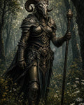 GRID THUMBNAIL — Armoured warlock wearing a ram skull helmet and holding an ornate staff stands in a misty forest clearing amid daisies and tall grass.