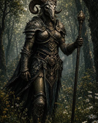 GRID THUMBNAIL — Armoured warlock wearing a ram skull helmet and holding an ornate staff stands in a misty forest clearing amid daisies and tall grass.