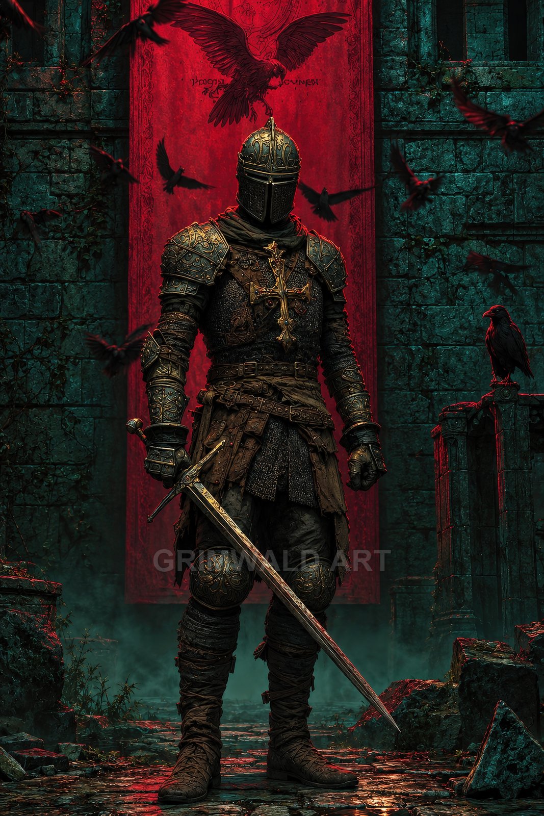 Armoured knight with gilded cross stands in ruined hall before a red banner, sword lowered, surrounded by circling ravens in moody firelit gloom.