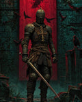 GRID THUMBNAIL — Armoured knight with gilded cross stands in ruined hall before a red banner, sword lowered, surrounded by circling ravens in moody firelit gloom.